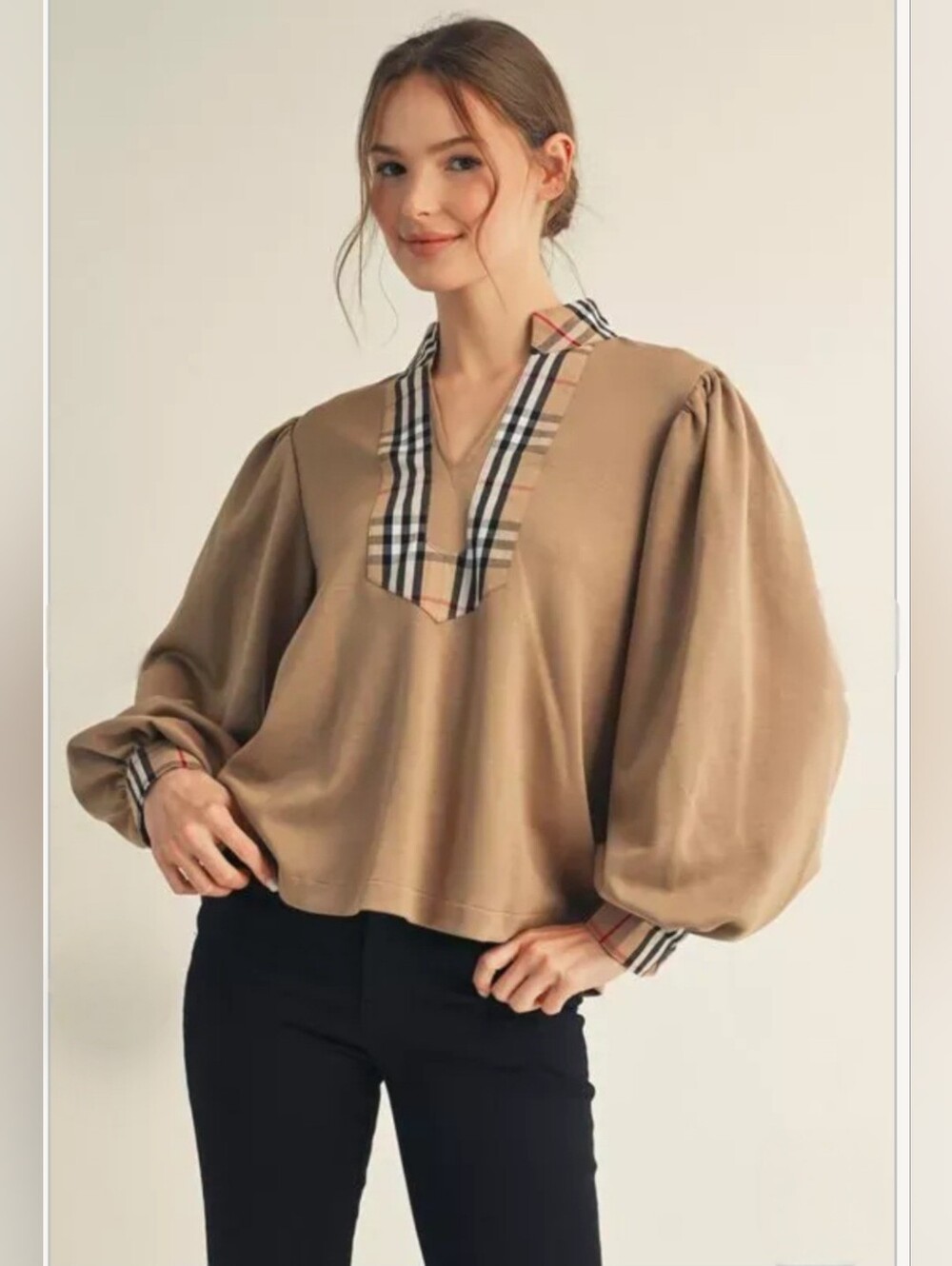 NWOT JODIFL Tan Puff Sleeve Plaid Trim With Button Cuff Top